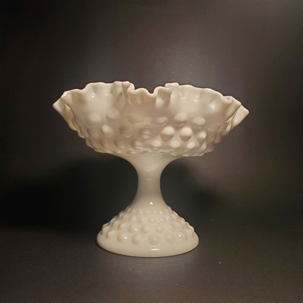 VINTAGE Fenton Hobnail Double Ruffled Milk Glass Compote Dish Footed Pedestal